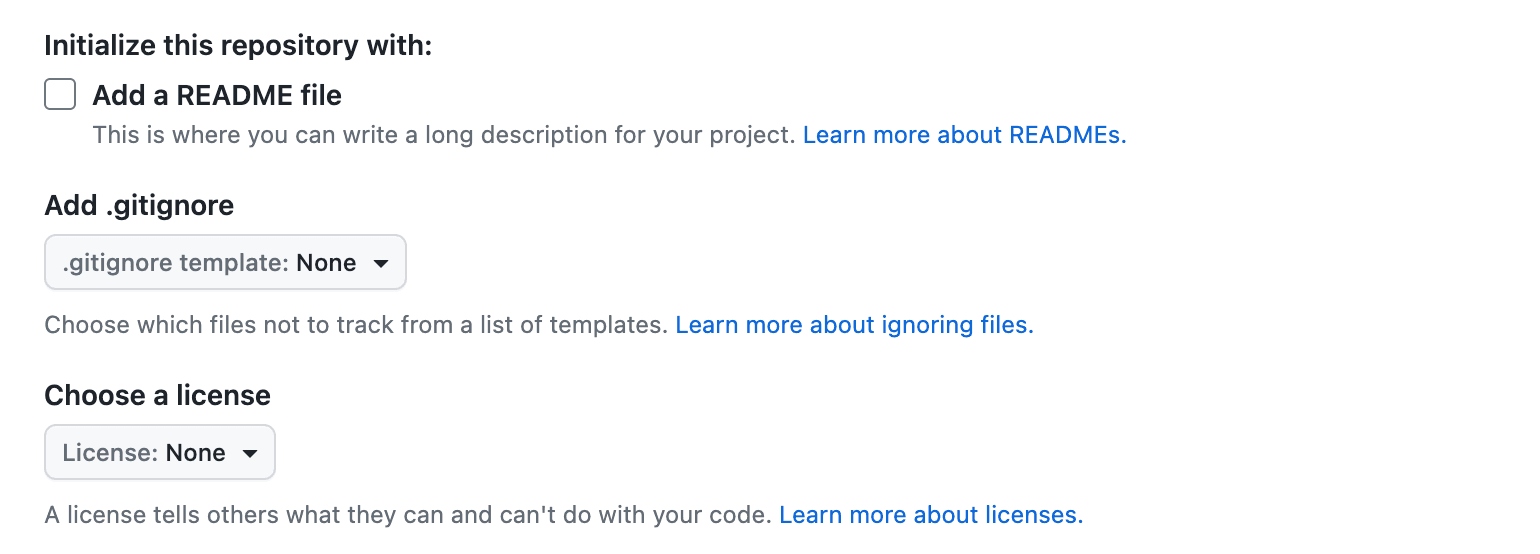 Screenshot of the Github repository creation UI showing that we are not having Github initialize the project with a README file or a .gitignore